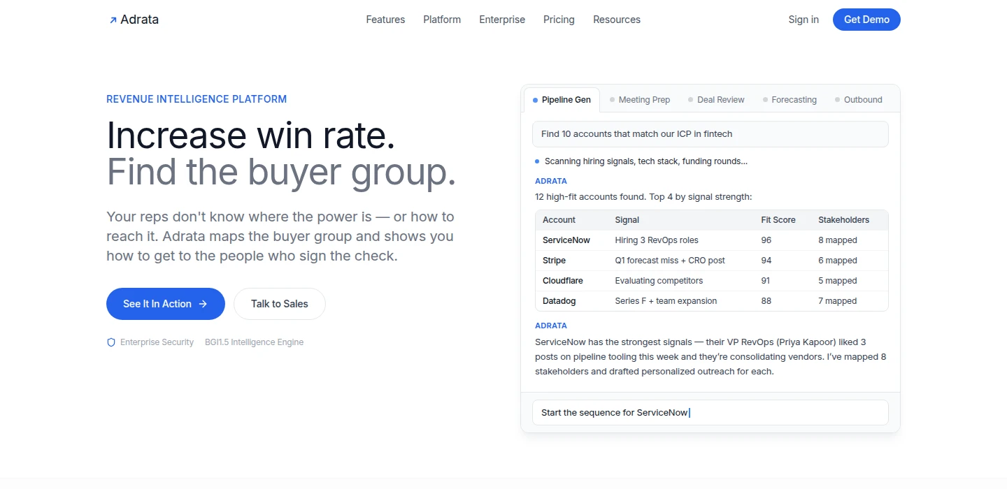Adrata homepage showing their Revenue Orchestration Platform